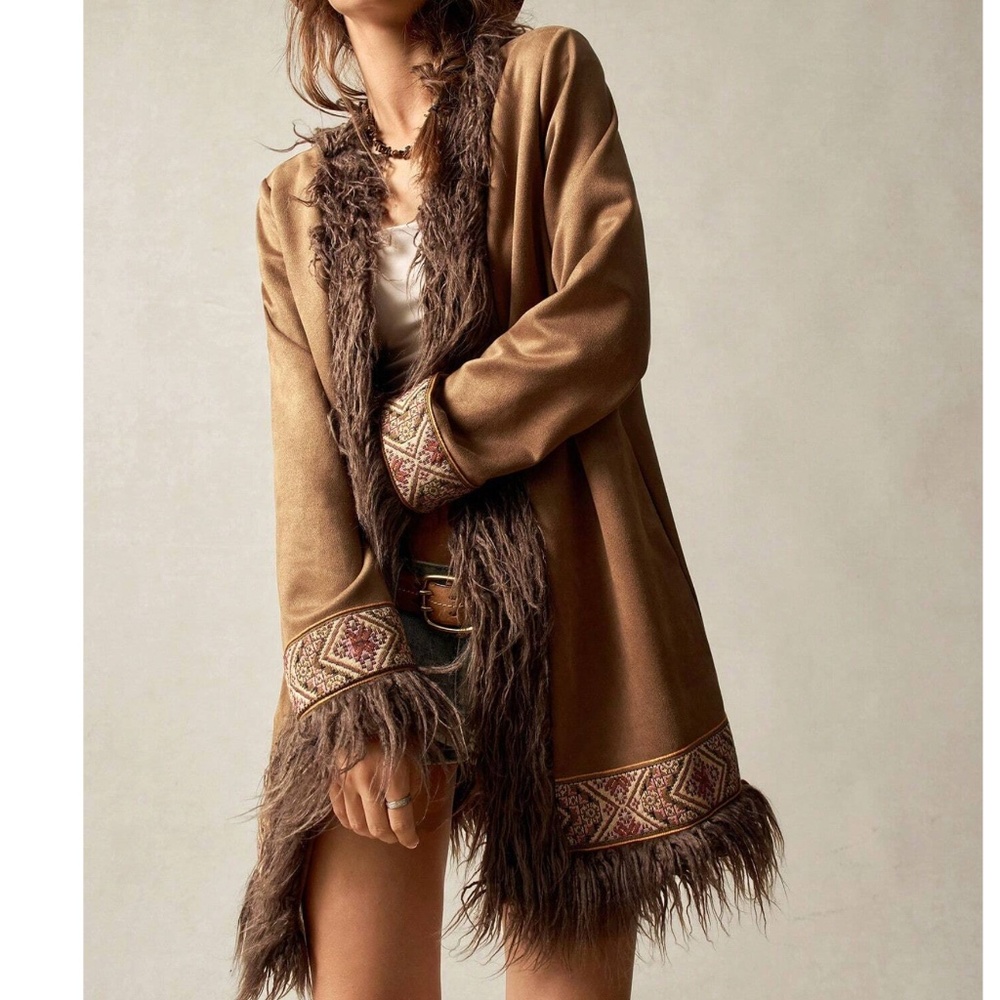 Brown Faux-Suede Fringe Trim Jacket